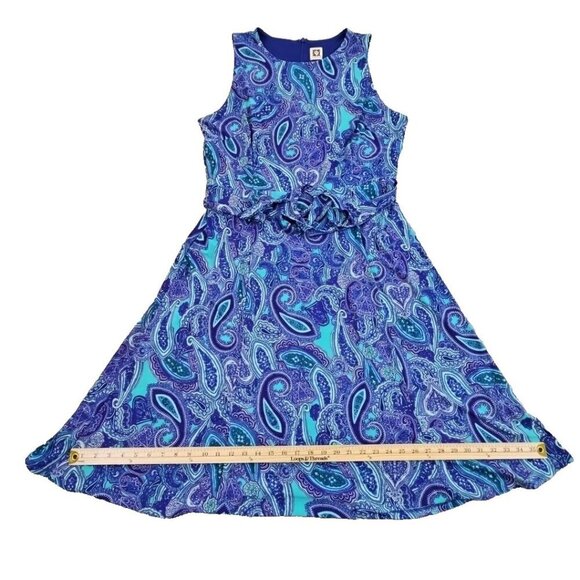Anne Klein Midi Dress Women's 10 Navy Blue Paisley Belted Sleeveless Stretch Zip - Picture 5 of 9